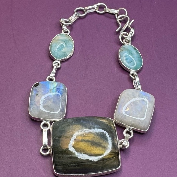 Classic Fiery Labradorite Rainbow Moonstone Gemstone Bracelet 7.5" - Picture 2 of 6